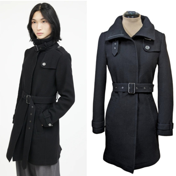 Burberry Brit Black Rushworth Wool Belted Trench Coat Lined 4 - Picture 1 of 7